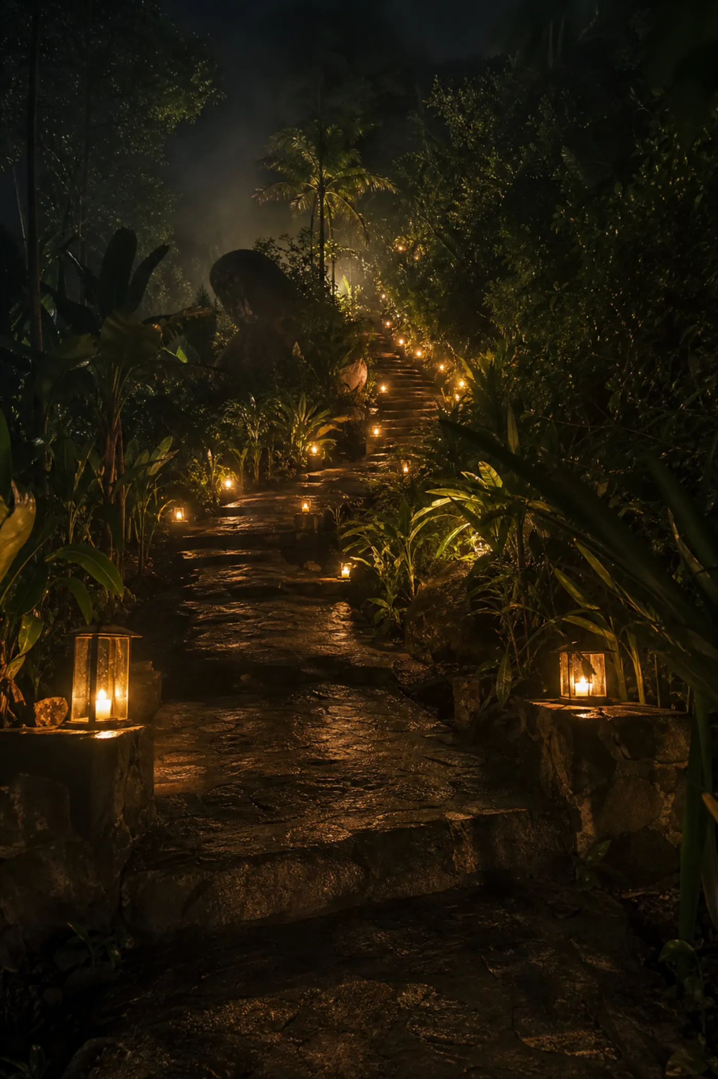 Lantern-lit stone path leading up the jungle mountain to WESH at night