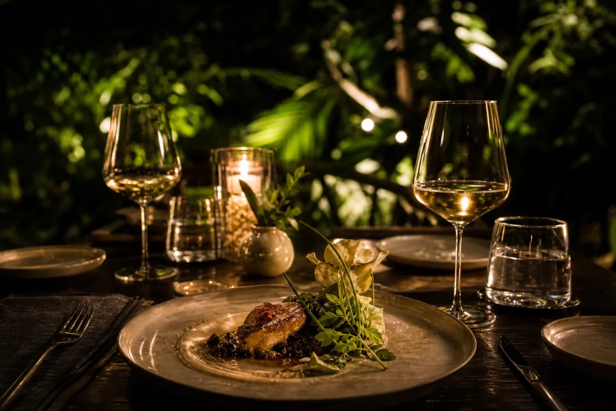 Candlelit plate and wine at the restaurant