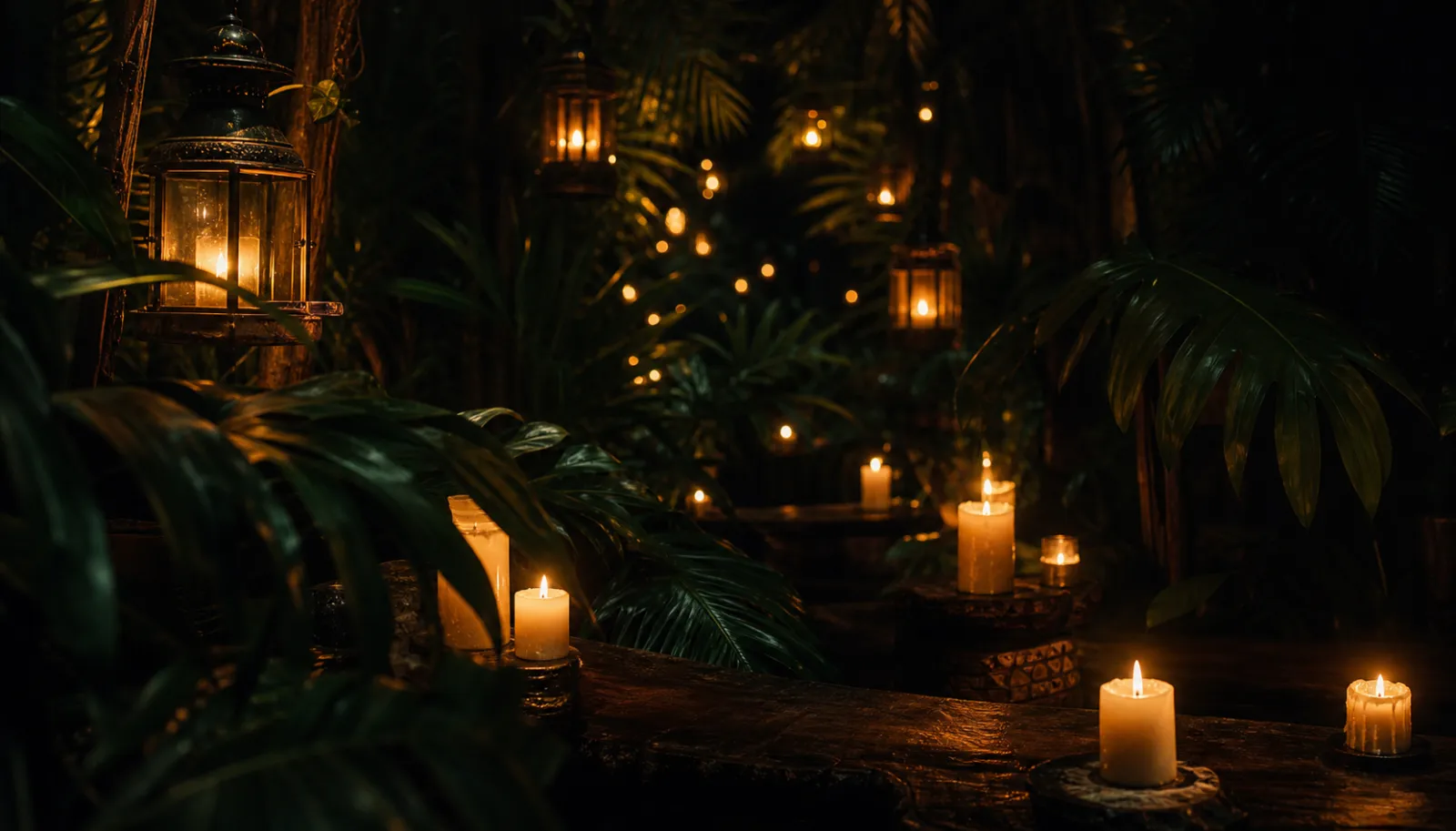 Hanging lanterns and warm candlelight among dark jungle leaves at night