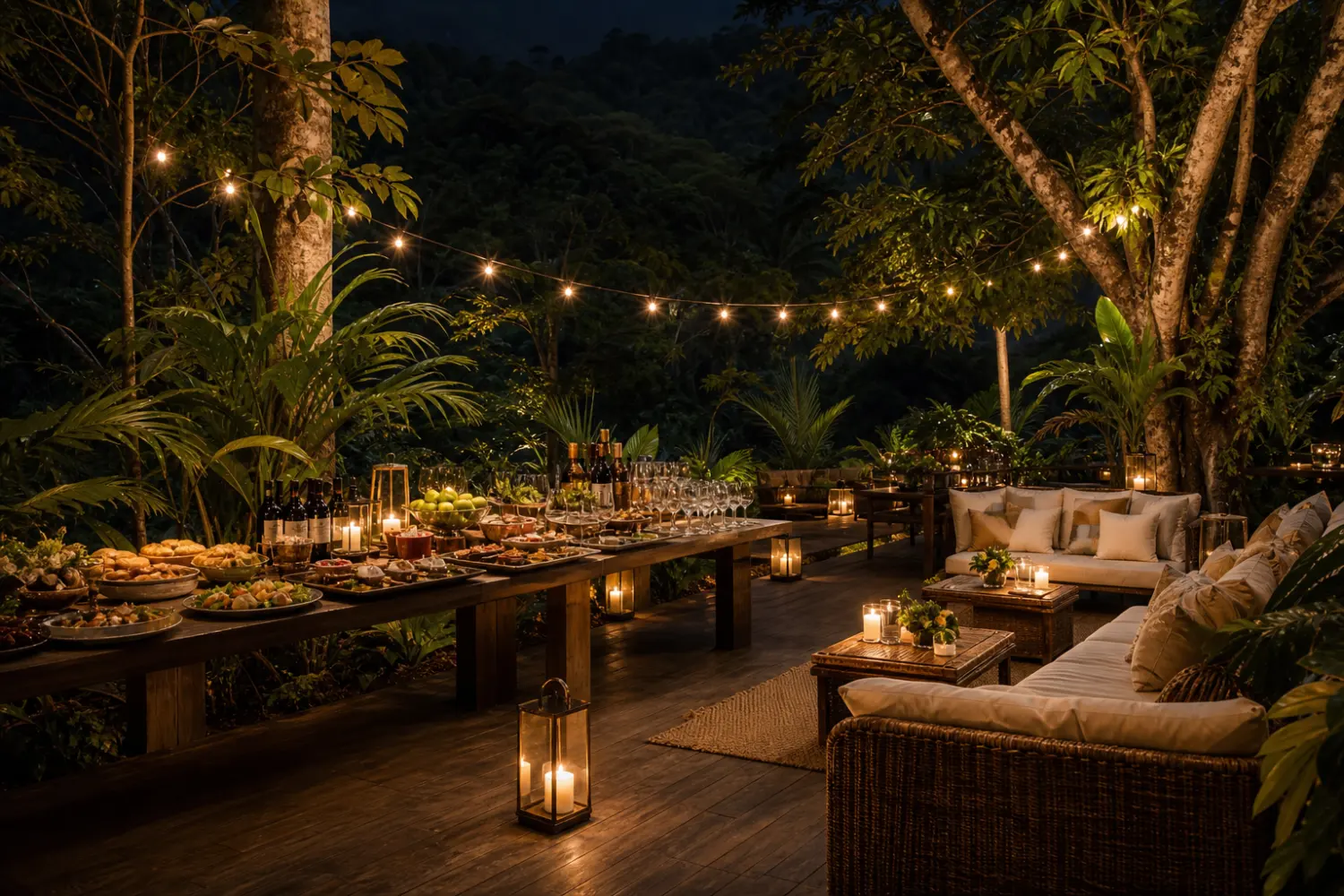 Offener Get-together-Bereich mit warmen Lichtern und Drinks im Dschungel