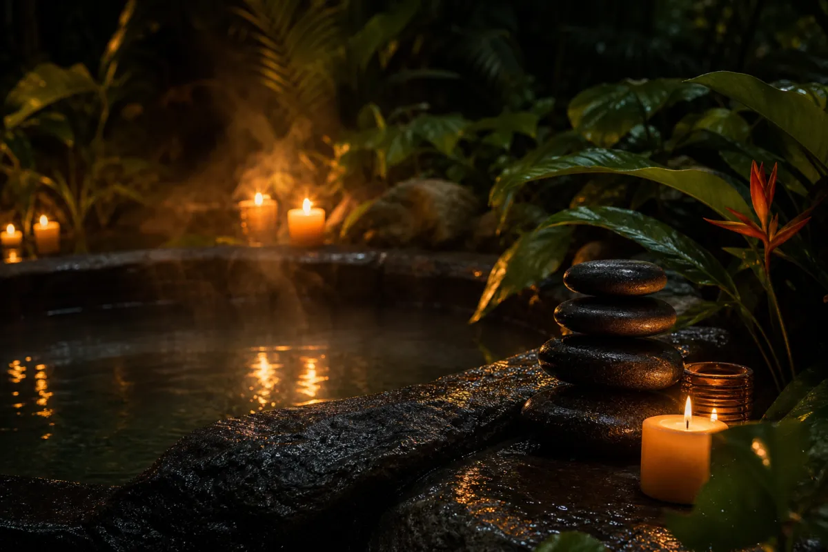 Warm candles, stones and steam at the spa